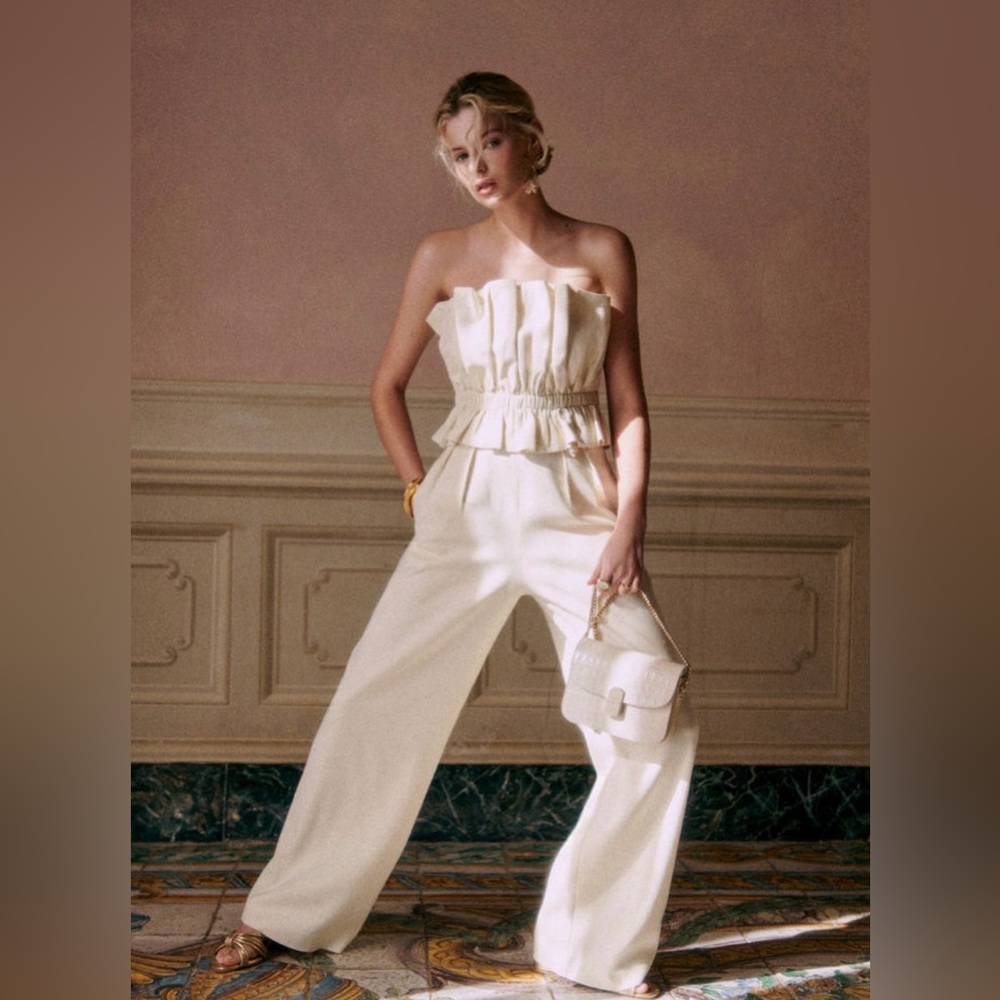 Sezane Ivory Strapless Ruffled Peplum Top
